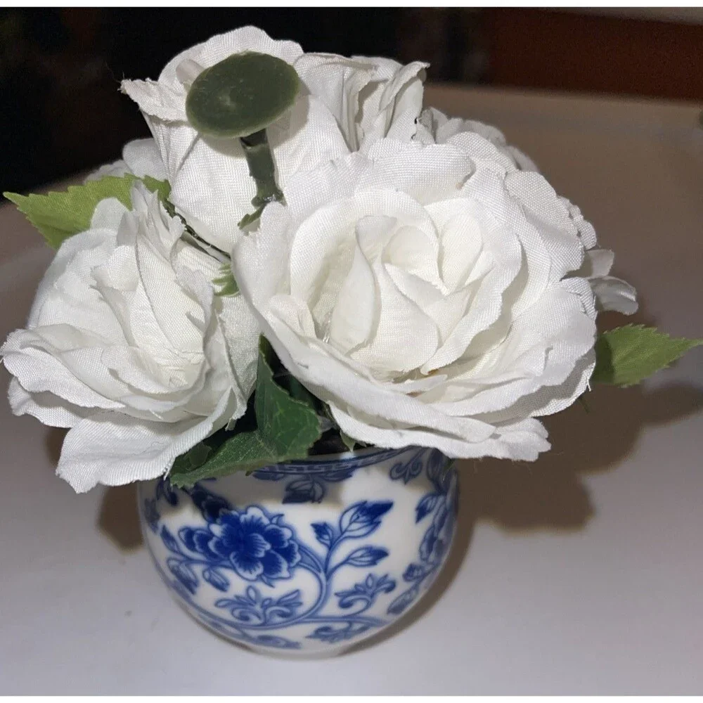 Artificial Floral Arrangement Roses Blue White Porcelain Vase 2.75 n x 2.75 in